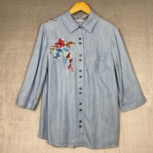 Soft Surroundings Aveline Top Womens MP Embroidered Floral Boho Tencel Lyocell